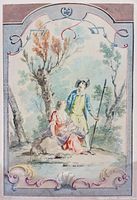 Front view showing entire image with rococo border and figures