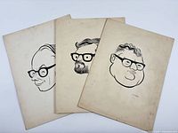 Group shot of three signed ink caricature portraits on boards