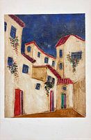 Full view of painted linoleum townscape artwork signed Laga