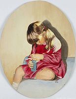 Full-frame view of watercolour showing girl in red dress on oval board, signature visible