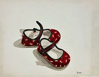Front view of watercolour painting showing red children’s shoes, signature visible