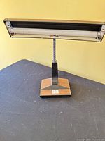 Full view of desk lamp showing rectangular fluorescent head and gooseneck mounted on square base
