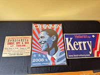 Overview of three items: Obama poster, Kerry sign, 1970 flyer