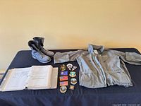 Overview of jacket, boots, patches and manual