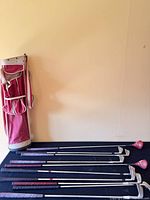 Full view of red-white bag and seven clubs laid out