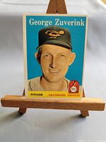 Full front view of the George Zuverink 1958 Topps card on easel