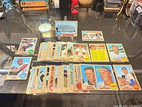 Overview of stack of 1968 Topps cards with Dodgers team card and star singles
