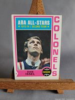 Front view of 1973-74 Topps Dan Issel card on stand