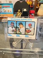 Front view of 1973 Topps Rookie Outfielders card in stand