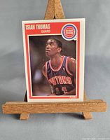 Front view of entire Isiah Thomas Fleer card on easel