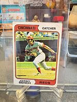 Front view of Johnny Bench Topps card in protective sleeve