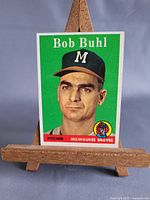 Front view of Bob Buhl 1958 Topps card on easel