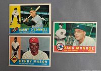 Fronts of three 1960 Topps baseball cards Danny O’Connell, Henry Mason, Zack Monroe
