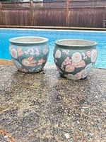 Pair of ceramic floral planters poolside