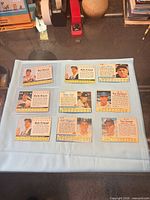 Nine Post cereal baseball cards displayed on cloth