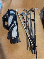 PowerBilt stand bag and group of 11 clubs on floor