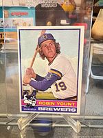 Front of Robin Yount Topps baseball card in protective sleeve