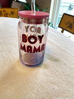 Front view showing Boy Mama tumbler, lid, and straw