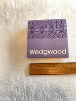 Top view of lavender Wedgwood box beside ruler showing size