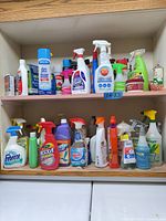 Cabinet shelves filled with assorted spray bottles and aerosols