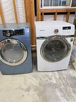 Front view of both Samsung front-load appliances side by side