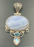 Front of pendant showing stones and silver detailing