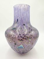 Front view of lavender art glass vase showing full shape and pattern