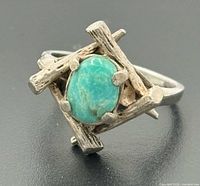Front view of ring showing turquoise cabochon and twig setting
