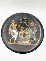 Front view of round metal plate showing full design