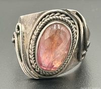 Front view of sterling silver ring with rose quartz stone