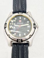 Front view of Wenger Swiss Army dive watch displaying dial, bezel and strap