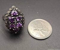 Top view of ring beside Canadian quarter for scale