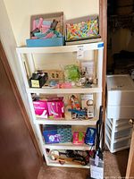 Full shelf with vacuum, hair tools, toiletries