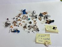 Full view of entire assortment of loose earrings on white surface
