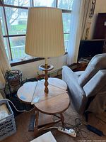 Full view of table with leaves folded, lamp and shade visible