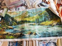 Full view of rolled landscape painting on canvas
