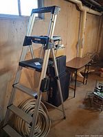 Full view of Cosco aluminum folding ladder against basement wall