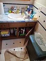 Vanity area showing towels under sink, cleaning products and toiletries on counter, partial view of hamper and tray