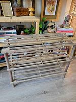 Front angled view of 3-tier bamboo and wood shoe rack