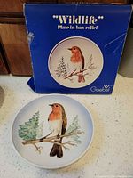 Front of plate and box showing robin design and original packaging