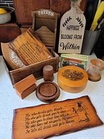 Front view showing all wooden plaques, boxes, coasters and tea box