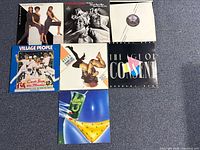 Group view of six record covers – Pointer Sisters, Weather Girls, plain white sleeve single, Village People, Bronski Beat, Lime III
