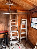 Both ladders leaning against wall inside shed