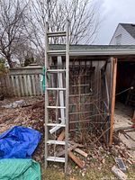 Full view of 16-ft aluminum extension ladder leaning against shed