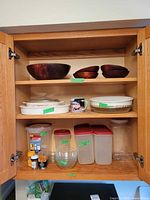 Cabinet view of all items on three shelves