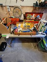 Top view of laminate table surface with items on it