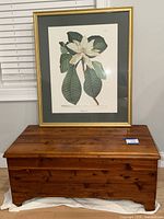 Front view of wooden blanket chest with framed botanical print resting on top