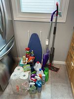 Lot overview showing both spray mops, ironing board, paper towels and grouped cleaners