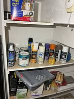 Wide shot of shelves showing aerosol paints, quart cans, vent kit, scrapers and organizer
