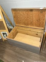 Open chest showing unfinished wood interior and hinged lid